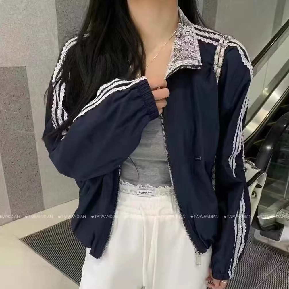 韩范蕾丝拼接立领短款轻薄夹克外套女2025早春宽松休闲条纹上衣潮