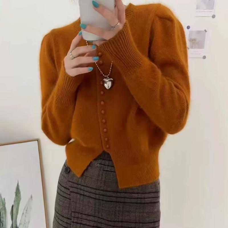 2025秋冬法式温柔风浣熊绵羊毛上衣女圆领排扣设计感针织开衫