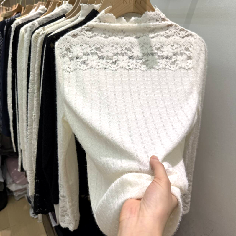 羊毛蕾丝拼接半高领长袖t恤女秋冬款高级感小个子减龄修身打底衫