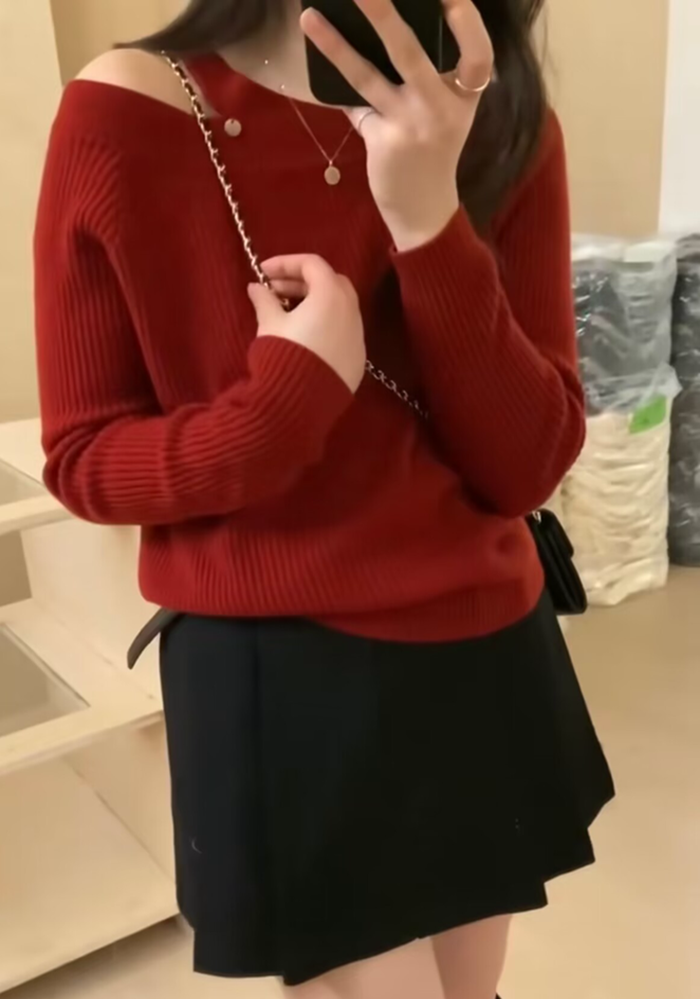 露肩复古红色针织毛衣女秋冬