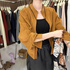 韩版灯芯绒纽扣收腰宽松休闲百搭圆领女衬衫上衣女外套2024秋新款