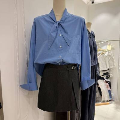 飘带衬衫女秋季长袖单排扣宽松显瘦气质韩版复古系带衬衣上衣