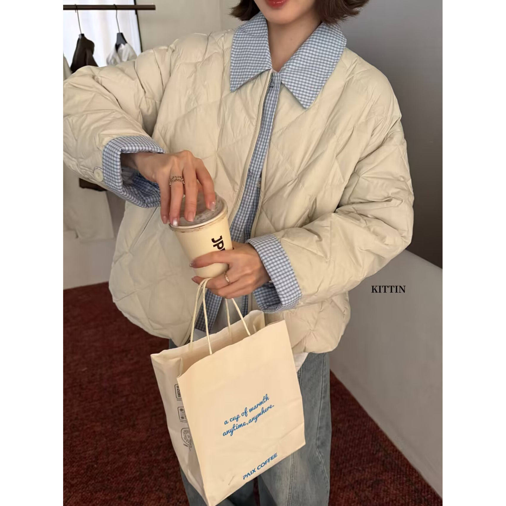 韩系设计感拼接格子衬衫假两件羽绒服女2026年秋冬洋气菱格外套