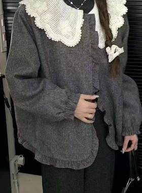 蕾丝娃娃领毛呢羽绒服外套女冬装2024新款白鸭绒木耳边小香风上衣