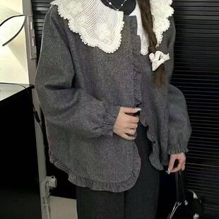 蕾丝娃娃领毛呢羽绒服外套女冬装2024新款白鸭绒木耳边小香风上衣