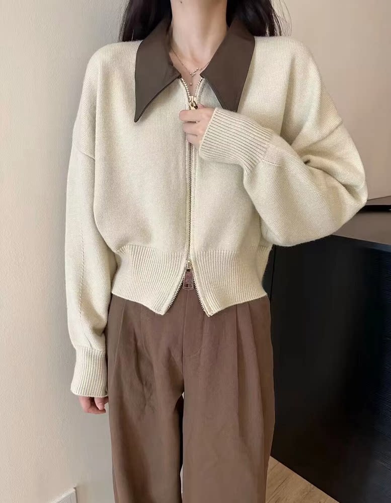 欧货高级感PU领针织开衫女