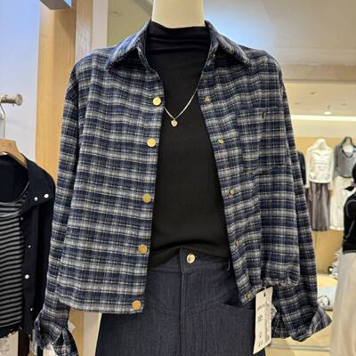 咖色磨毛格子衬衫女2025秋季新款复古休闲宽松显瘦短款开衫外套潮