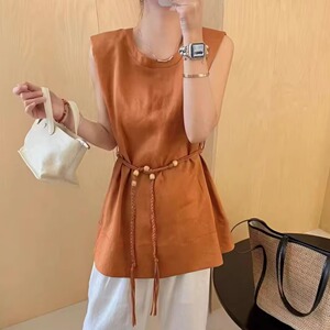 2025新款简约圆领无袖背心女收腰显瘦气质百搭中长款裙子苎麻上衣