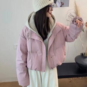 假两件卫衣羽绒服女港风pu皮上衣2024冬新款加厚保暖白鸭绒面包服