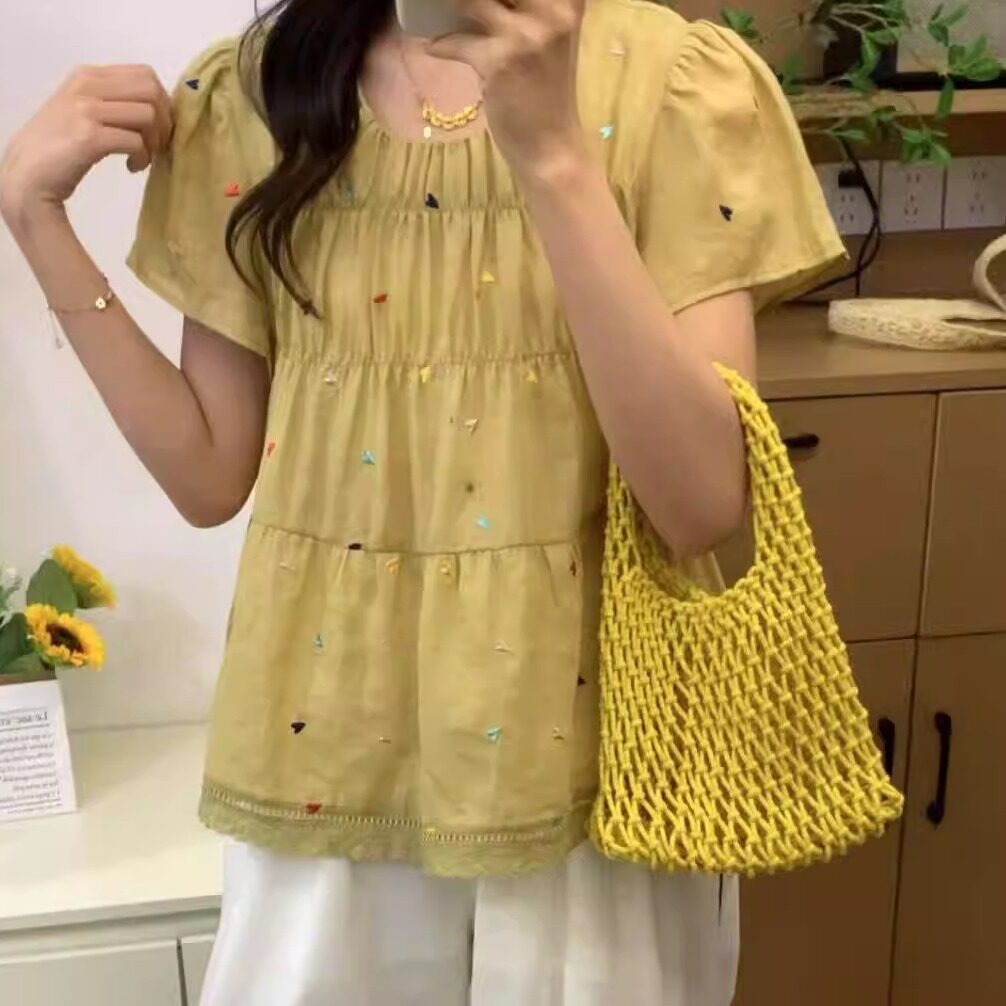 100%全苎麻爱心刺绣印花短袖衬衫女韩系减龄温柔娃娃衫显瘦上衣
