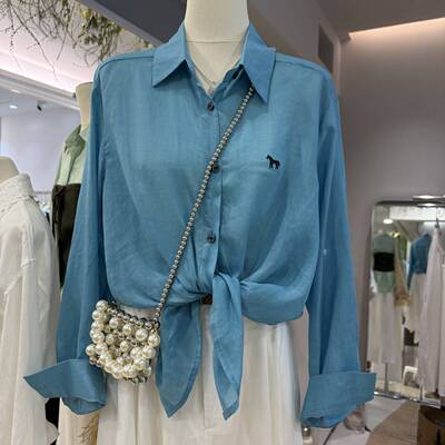 韩版翻领刺绣衬衫女长袖宽松显瘦百搭休闲苎麻亚麻洋气防晒衬衣潮