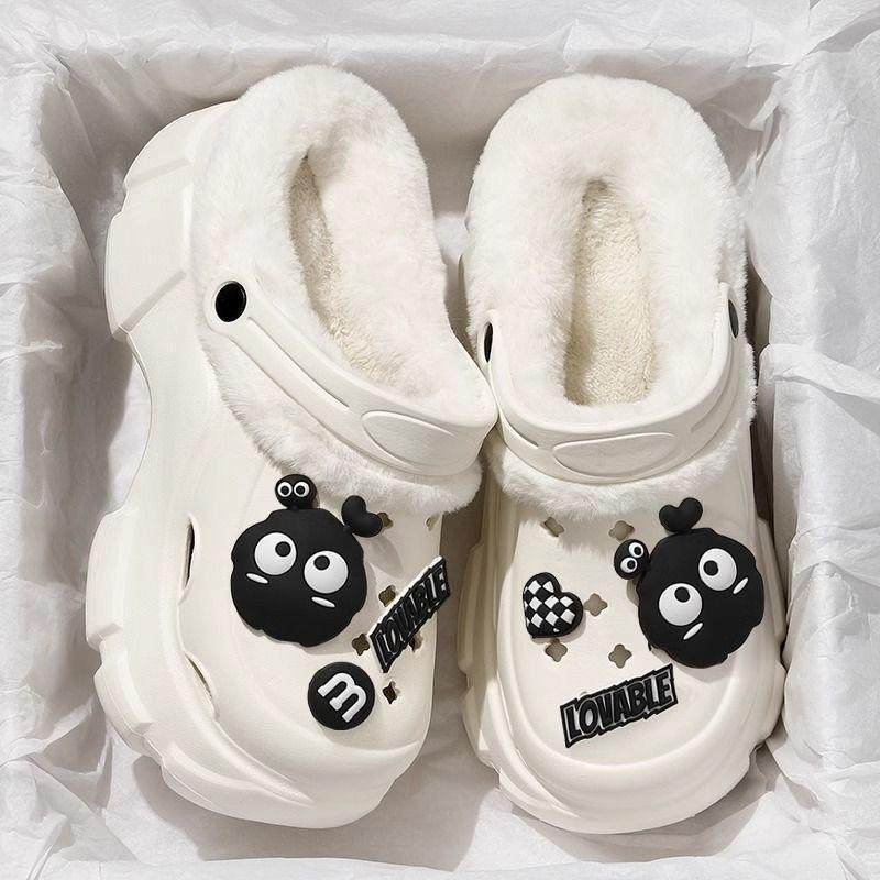加绒洞洞鞋女款冬季2024新款厚底增高外穿护士毛毛棉拖鞋女士冬天