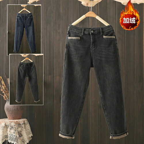 冬季大码200斤加绒加厚牛仔长裤