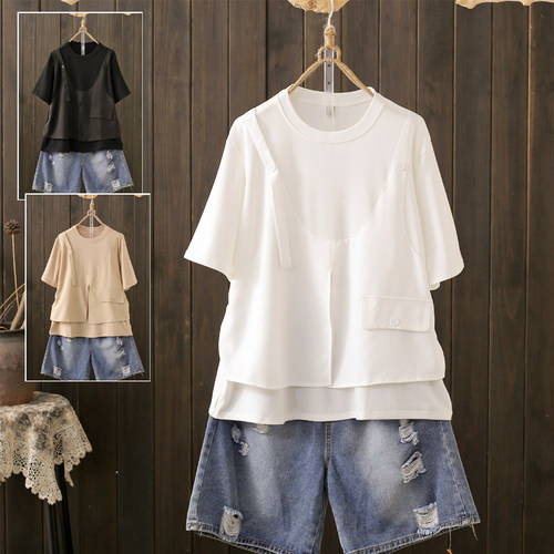 夏季大码200斤设计感假两件T恤