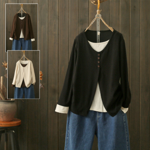 胖MM遮肉显瘦上衣 T恤假两件正肩打底衫 春秋大码 200斤复古休闲长袖