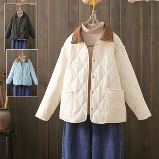 秋冬大码200斤撞色翻领菱格羽绒棉服韩版轻薄夹棉保暖棉衣外套潮