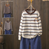 秋冬大码 文艺范撞色针织减龄上衣潮 200斤胖mm叠穿学院风条纹开衫