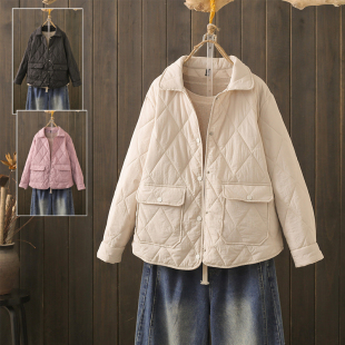 秋冬大码 棉服外套设计感宽松显瘦口袋上衣 200斤菱格保暖轻薄长袖