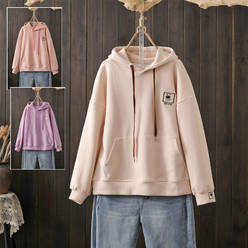 春秋大码200斤连帽卫衣草莓熊刺绣休闲百搭文艺宽松显瘦长袖帽衫T,女装/女士精品,卫衣/绒衫,淘宝优惠券,粉丝福利购,淘宝优惠卷