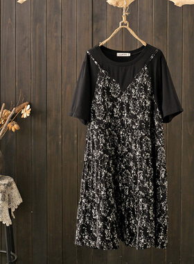 夏季特大码230斤黑色法式过膝连衣裙宽松显瘦小个子A字吊带碎花裙