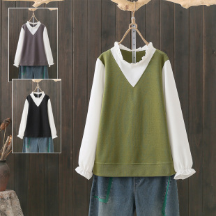 春秋大码 200斤休闲上衣胖mm小清新花边领拼色假两件宽松减龄T恤潮