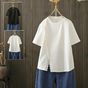 T恤女胖mm宽松遮肚子显瘦减龄上衣 200斤蕾丝花边开叉短袖 夏季 大码