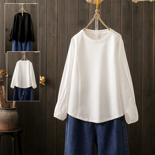 女宽松藏肉休闲上衣 打底衫 春秋大码 200斤胖mm简约百搭显瘦灯笼袖