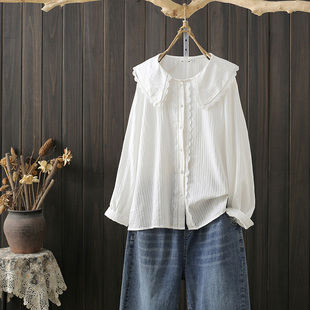 设计感小众百搭长袖 秋季 洋气娃娃领衬衫 200斤韩版 宽松白上衣 大码