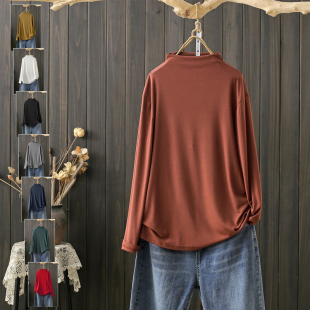 宽松减龄内搭显瘦纯色上衣潮 t恤女半高领打底衫 春秋大码 220斤长袖