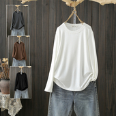 秋季 女潮 T恤女宽松显瘦简约百搭休闲打底衫 大码 200斤圆领纯色长袖