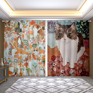 动物插画系列窗帘治愈系艺术个性 客厅卧室宿舍床帘遮光遮阳 简约款