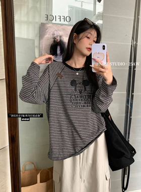 2025秋季【奶思家NICE STUDIO】韩系黑色条纹撞色长袖T恤女W619