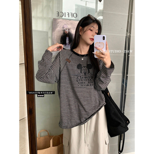 韩系黑色条纹撞色长袖 STUDIO T恤女W619 奶思家NICE 2025秋季