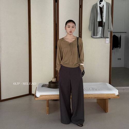6UP早秋韩系抽绳V领羊毛针织衫女薄款软糯松弛感通勤毛衣61067