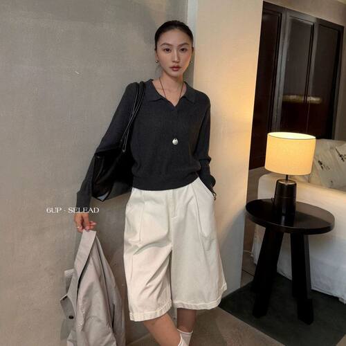 6UP韩系早秋Polo领针织衫女细竖坑条翻领长袖通勤内搭上衣61097