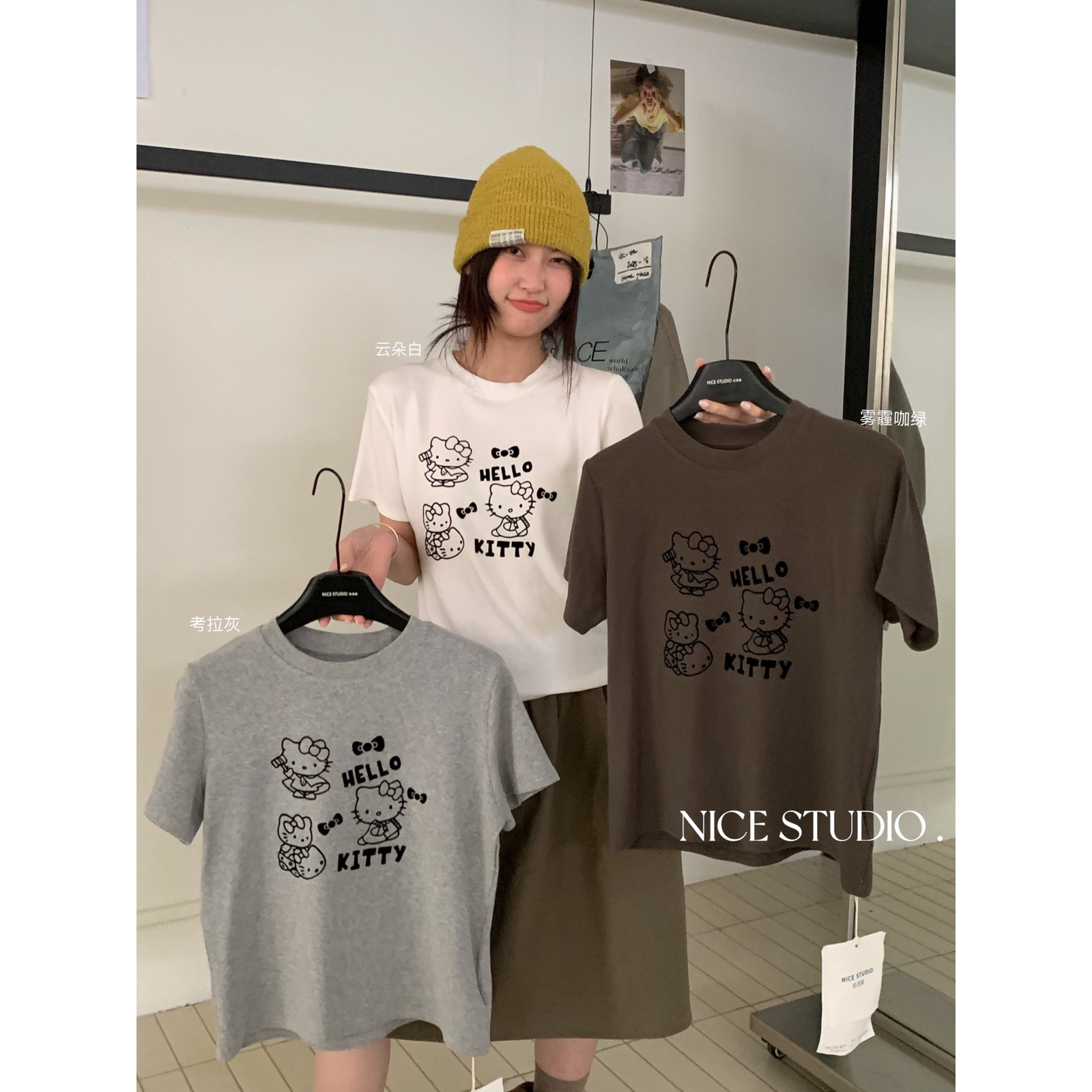 奶思家NICE STUDIO-爆款HelloKitty植绒印花正肩弹力短袖T恤L3038