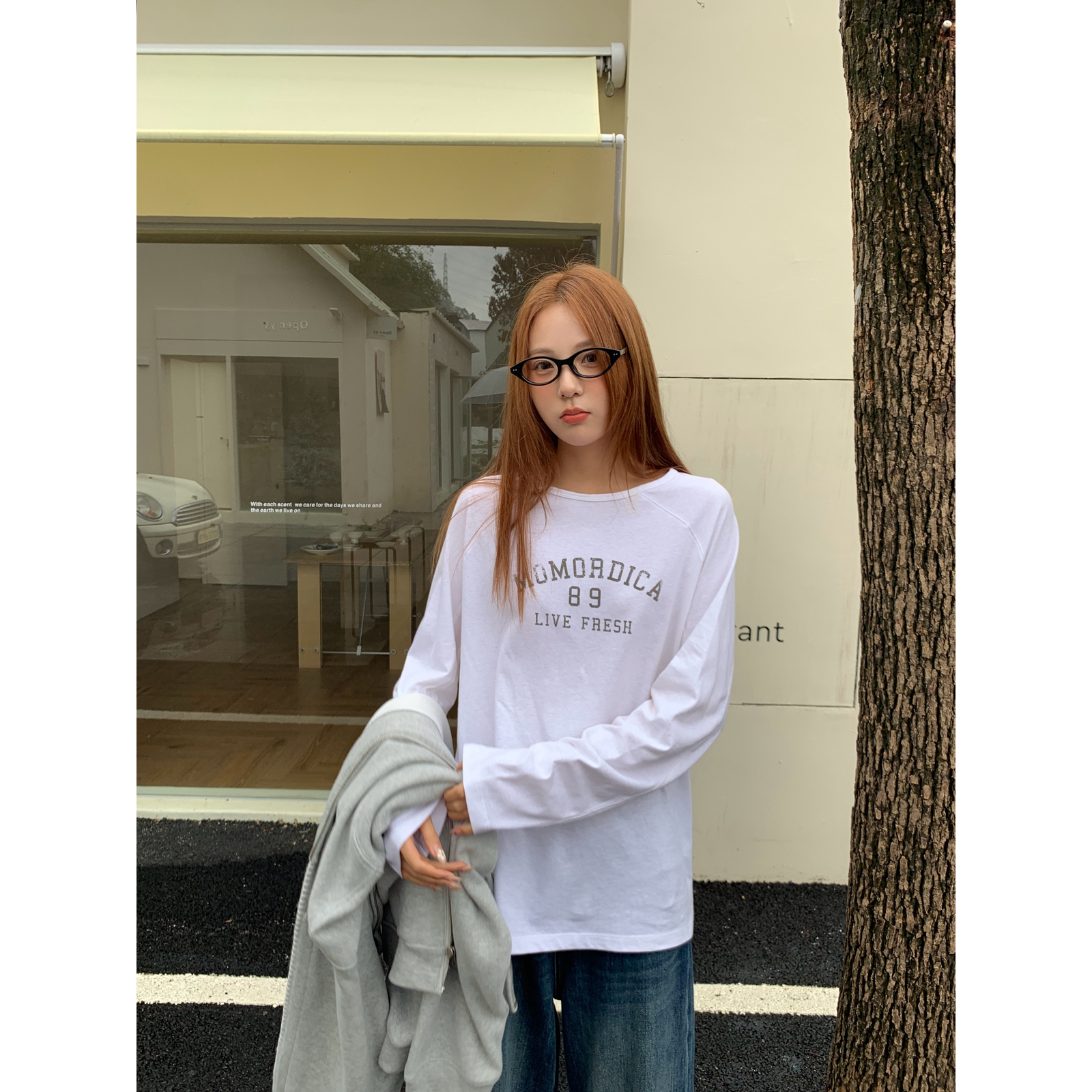 11AN-正品 韩版洗水棉做旧百搭圆领宽松长袖T恤女A61819