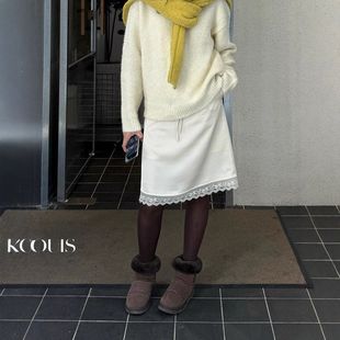 TTOOVOUIS早春新款 2417垂感丝光a字中长裙松紧腰蕾丝拼接半身裙女