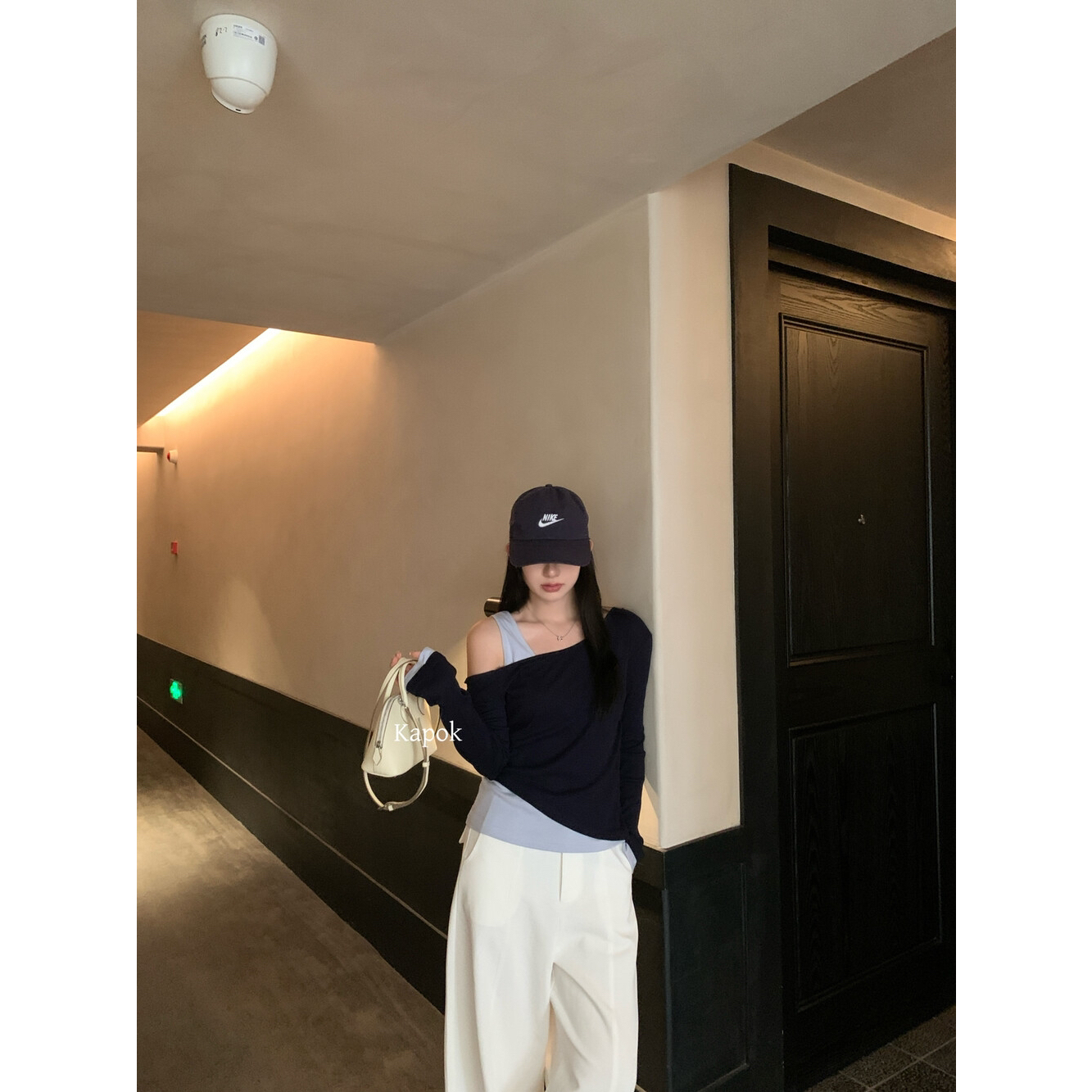 KAPOK-韩系拼接假两件露肩上衣小衫小衫Ys1-25585