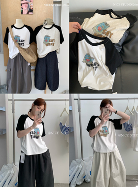 奶思家NICE STUDIO-2026夏上新韩系撞色汽水瓶印花插肩袖T恤1230