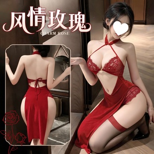 霏慕性感蕾丝挂脖qq睡裙女款纯欲镂空免脱睡衣小心机红色情调旗袍