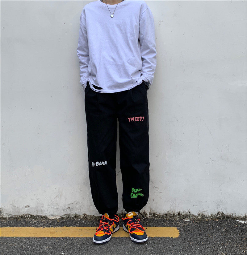 okk/英文涂鸦束脚裤男女宽松直筒潮牌嘻哈ins工装九分休闲裤百搭