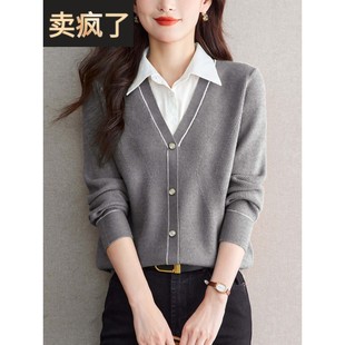 衬衣领假两件毛衣女通勤2025年春秋冬针织气质长袖 上衣 翻领打底衫