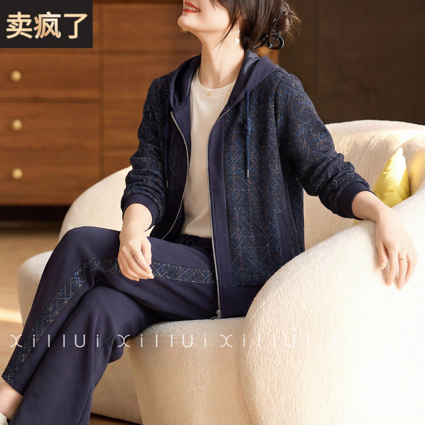 喜卉洋气妈妈春装连帽拉链外套裤子中老年女装休闲运动服两件套装