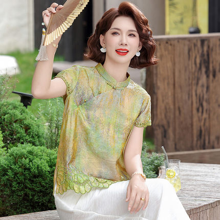 妈妈夏装套装高级感2026新款国风小衫中老年女夏季短袖大码上衣服