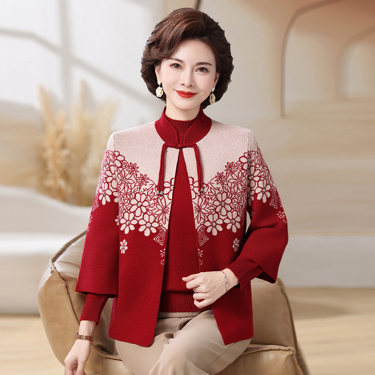 妈妈春秋半高领毛衣婚宴两件套