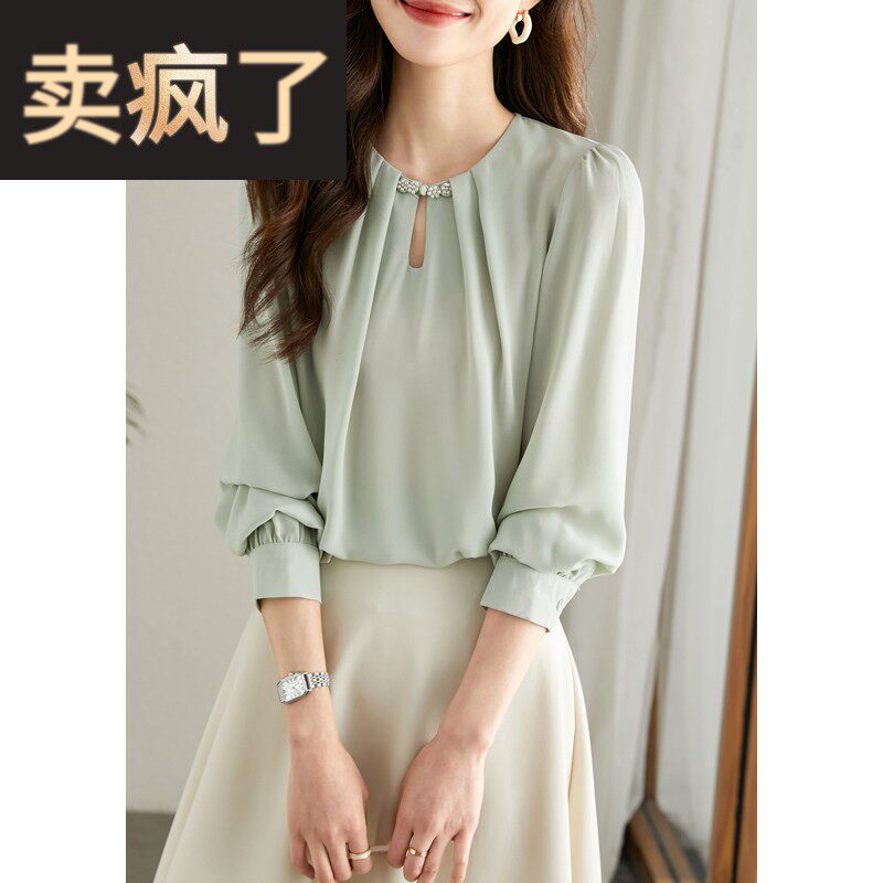 2025秋季新款时尚减龄长袖套头雪纺上衣气质百搭钉珠设计感衬衫女