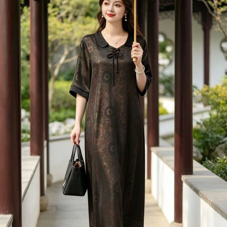 妈妈装夏季国风提花缎连衣裙中长款新中式女装娃娃领大码流苏裙子