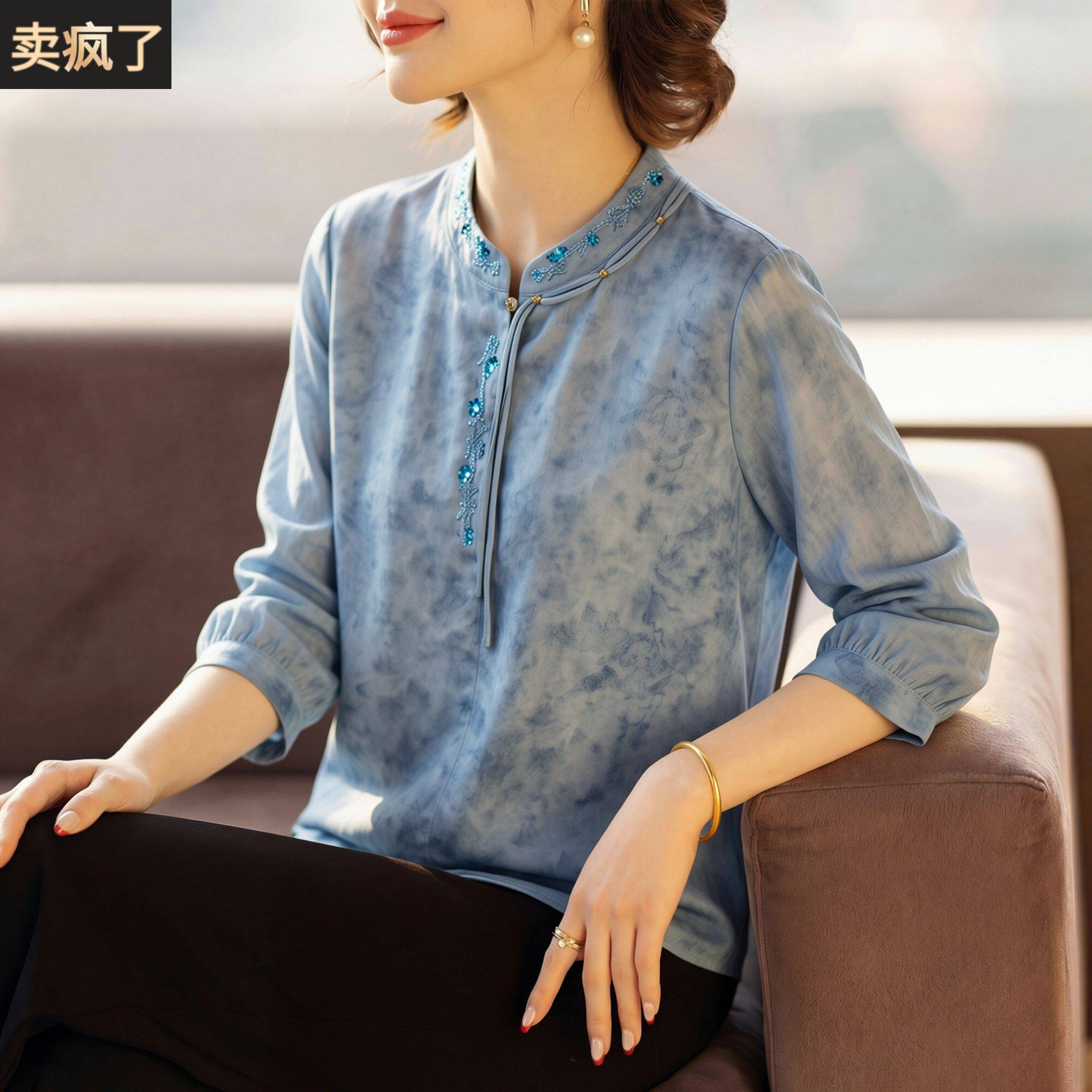 新中式国风刺绣上衣服中老人年女妈妈夏装洋派质T恤雪纺上衣50岁