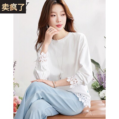 2026春装新款纯棉白色镂空花边法式打底T恤纯棉漂亮气质上衣女装
